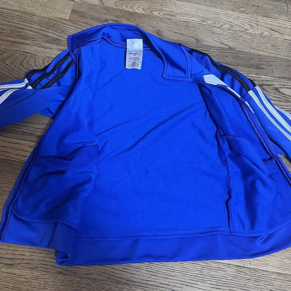 Adidas Boys Track Jacket Size 6 Zip Up Black Camo Blue White 3 Stripes Logo Kids